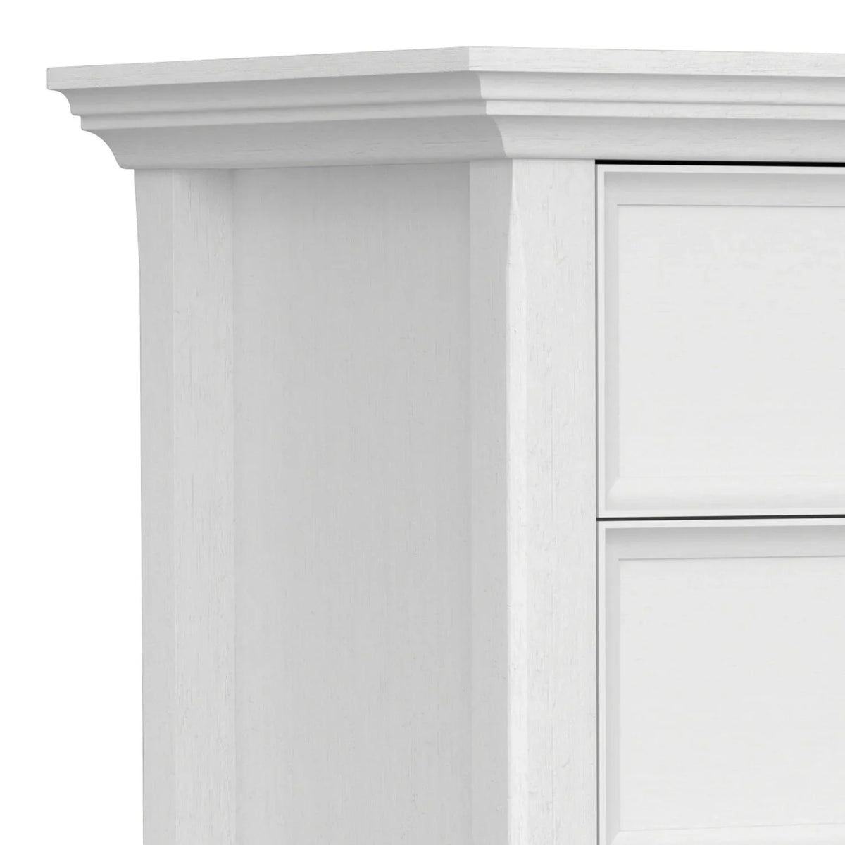 Hvidt natbord med to skuffer og åben hylde