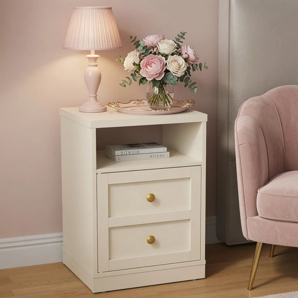 Beige natbord med skabslåge og åben hylde
