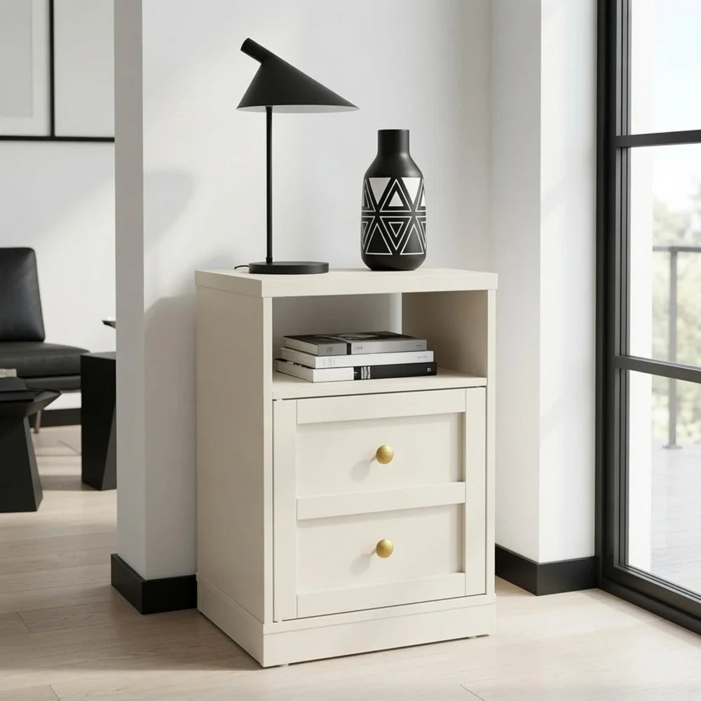Beige natbord med skabslåge og åben hylde