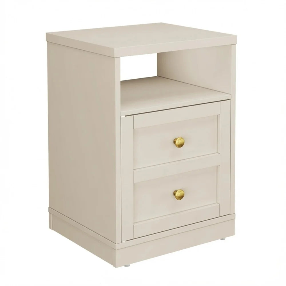 Beige natbord med skabslåge og åben hylde