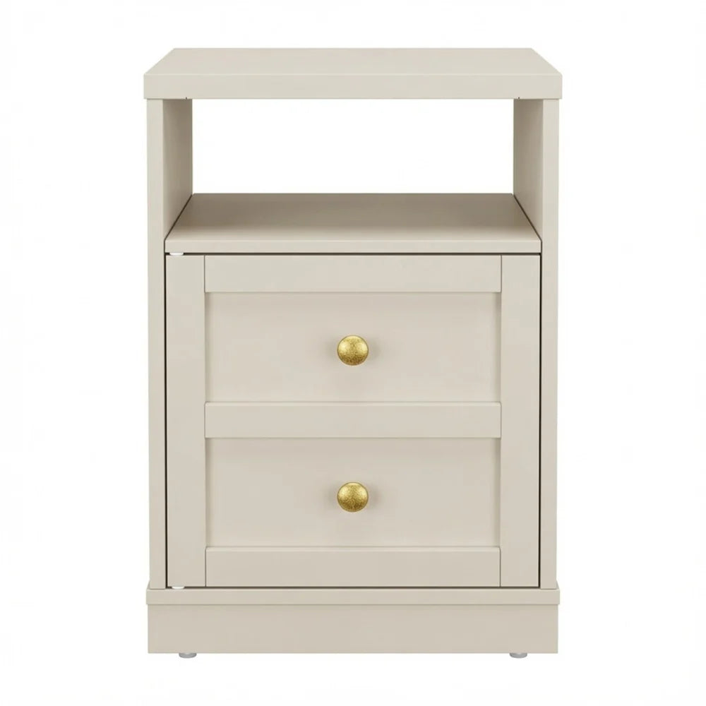 Beige natbord med skabslåge og åben hylde